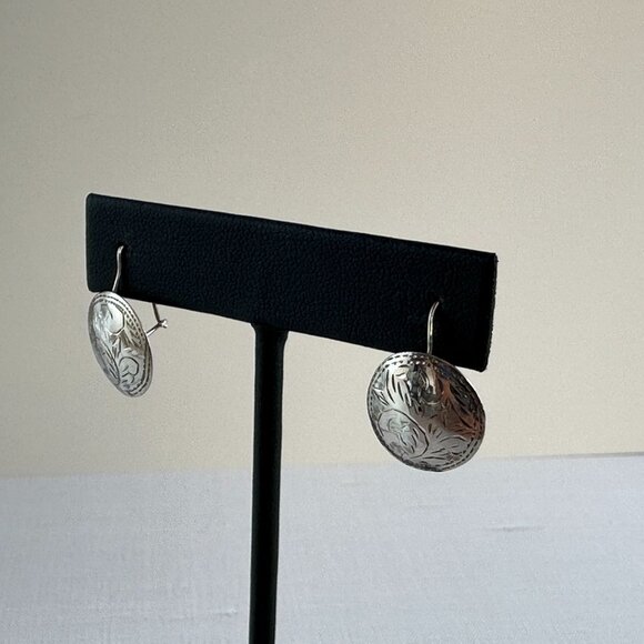 Sterling Silver Engraved Disc Earrings With Leaf Design 1" Drop Pierced Ears - Picture 2 of 9